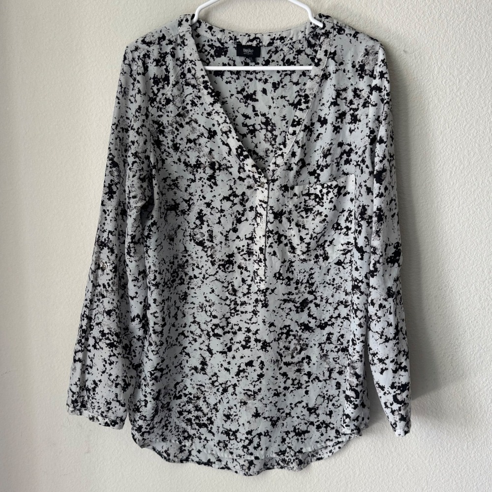 Mossimo Womens Black White Abstract Splatter Print Roll Tab Sleeve Blouse LG
